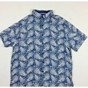 Nat Nast Mens Sz Large Button Up Camp Shirt Silk Cotton Blue White Short Sleeves